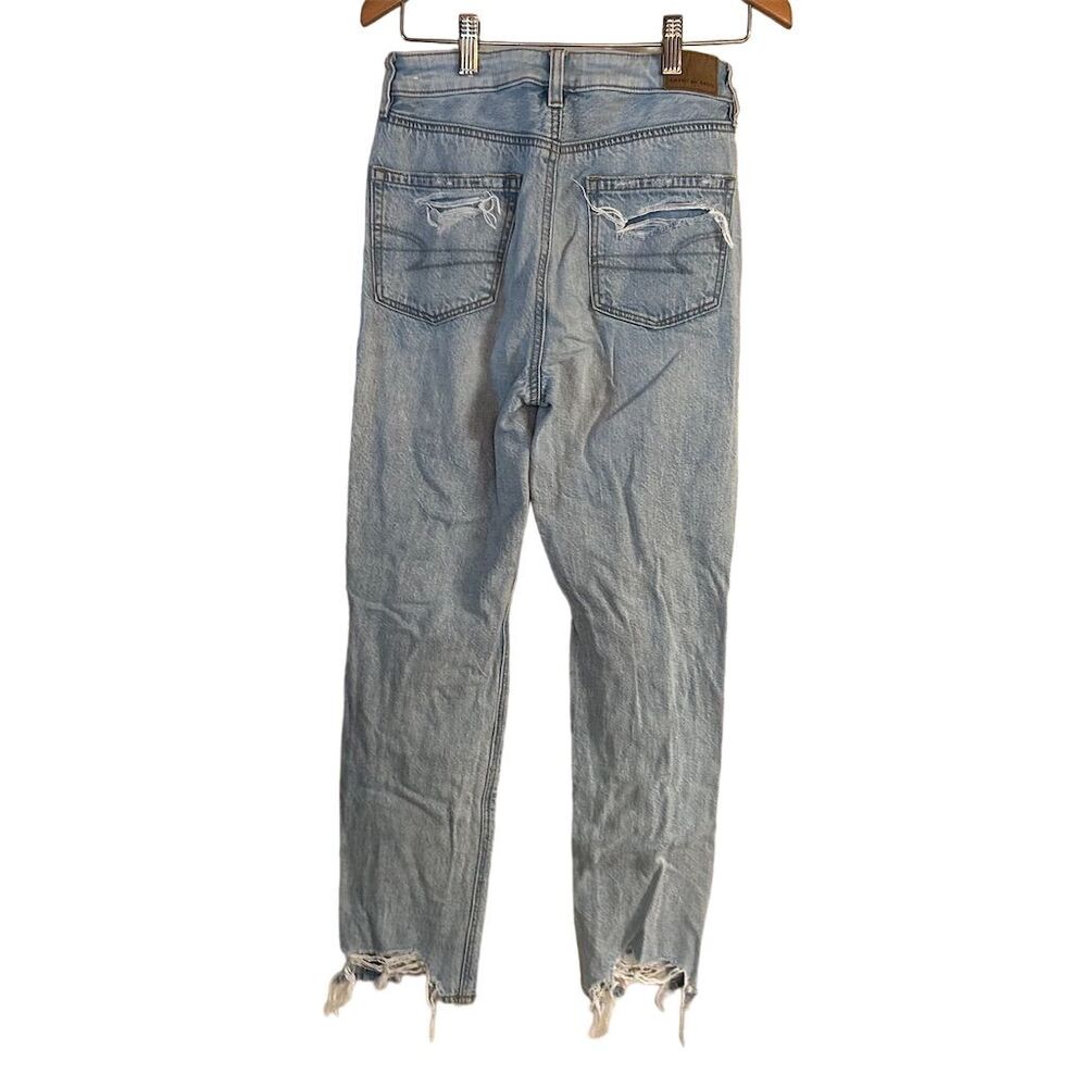 American Eagle Women's Mom Jeans Size 00 Blue Distressed Ripped Denim - Picture 2 of 8